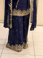 Navy Blue Chinon Embroidered Sharara Suit (M–XL)