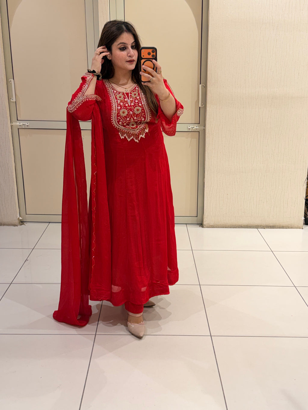 Red Pure Chinon Handwork Dress (M–3XL)