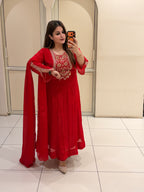 Red Pure Chinon Handwork Dress (M–3XL)