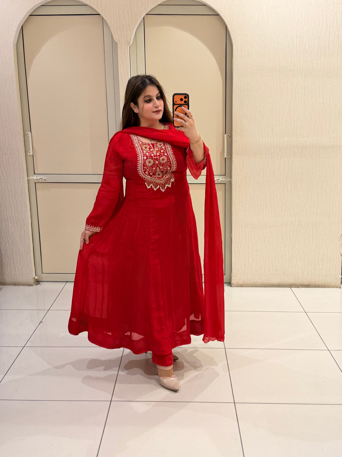Red Pure Chinon Handwork Dress (M–3XL)