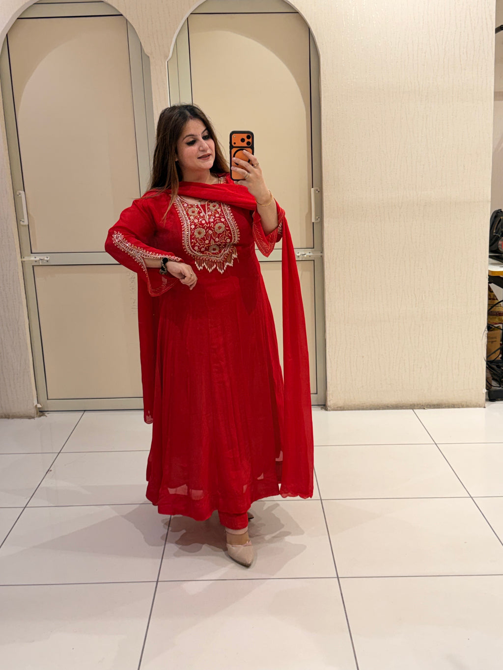 Red Pure Chinon Handwork Dress (M–3XL)