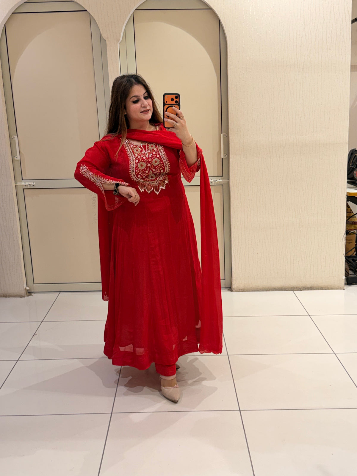 Red Pure Chinon Handwork Dress (M–3XL)