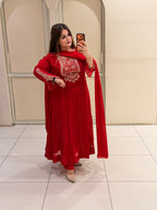 Red Pure Chinon Handwork Dress (M–3XL)