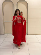 Red Pure Chinon Handwork Dress (M–3XL)