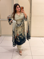 Cream & Navy Crepe Floral Suit (M–XXL)