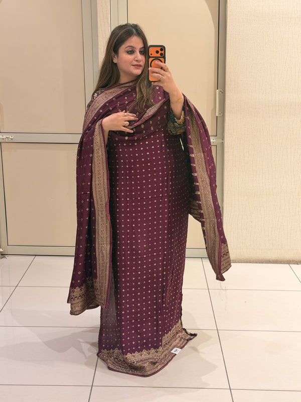 Wine  Banarasi Silk Unstitched Suit