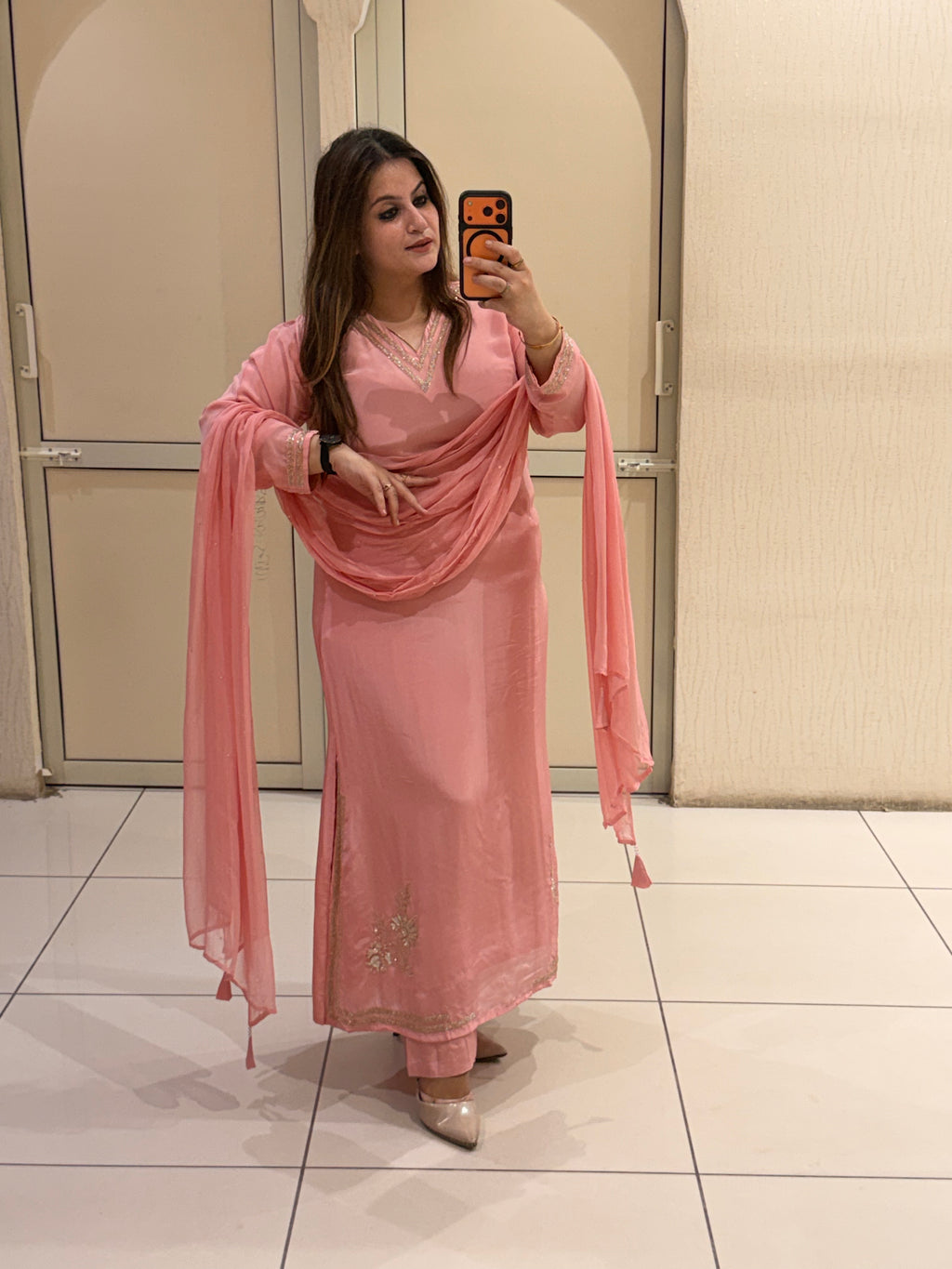Pakistani Pure Crepe Handwork 3-Piece Dress (Free Size till XL)