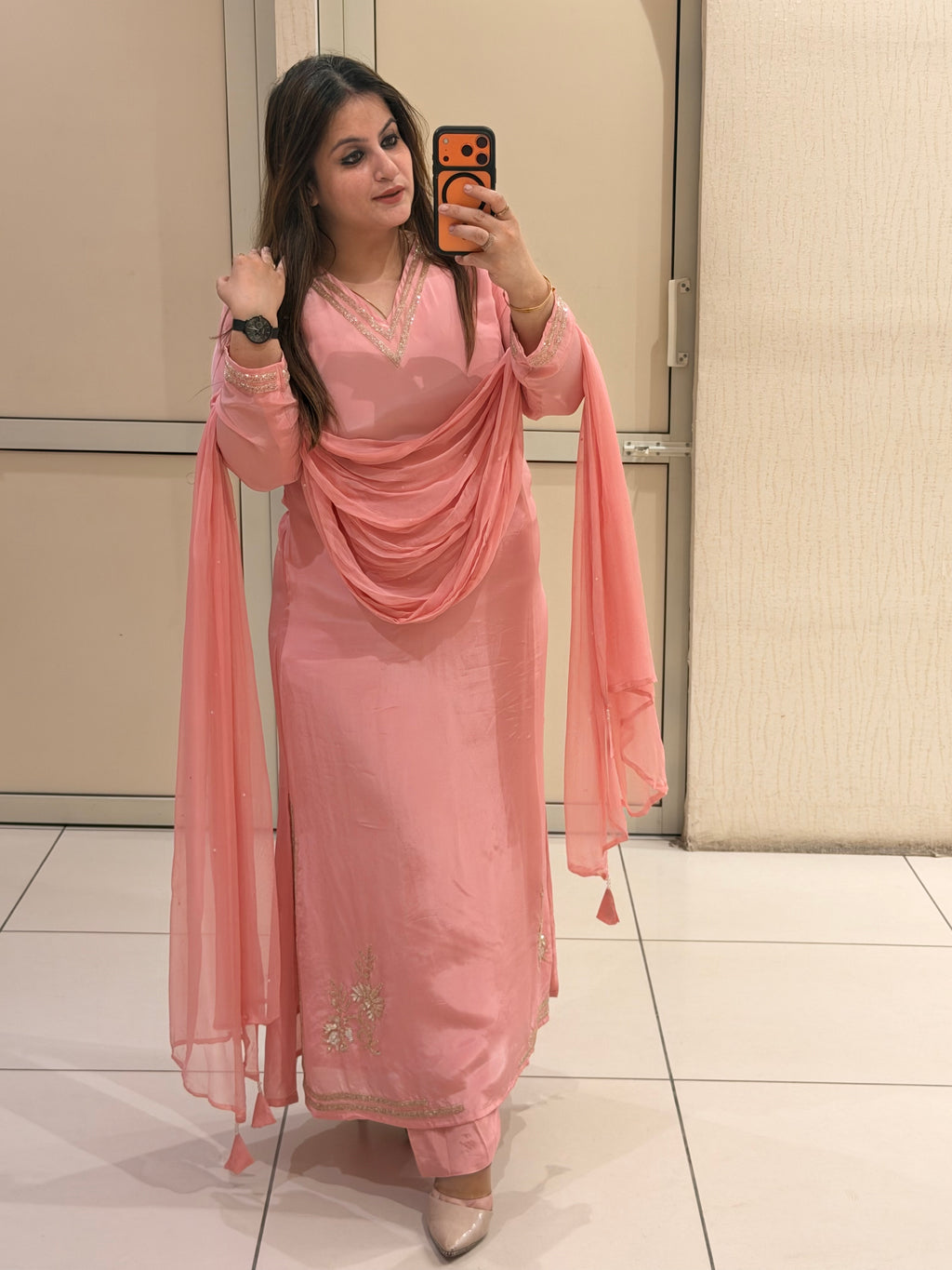 Pakistani Pure Crepe Handwork 3-Piece Dress (Free Size till XL)