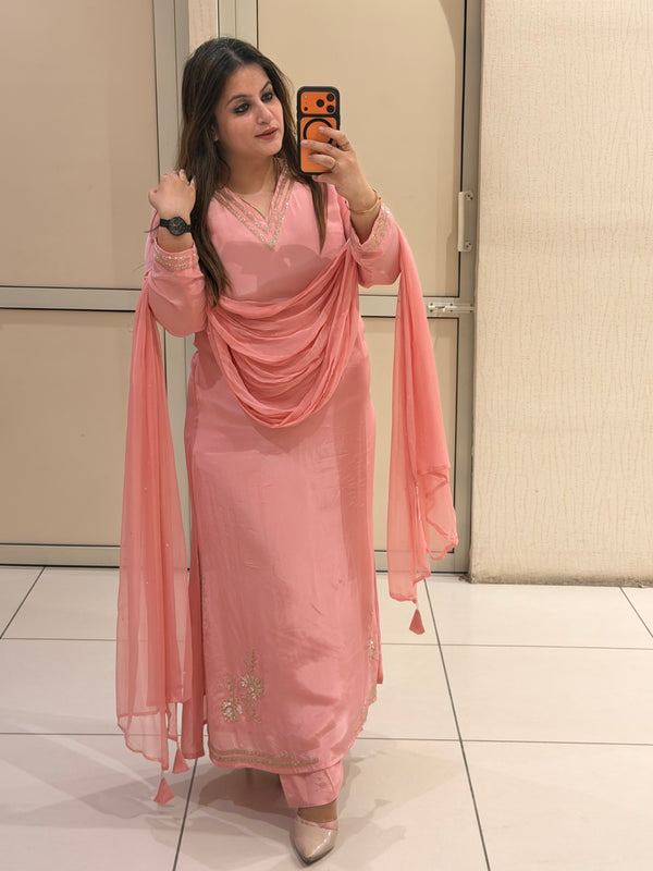Pakistani Pure Crepe Handwork 3-Piece Dress (Free Size till XL)
