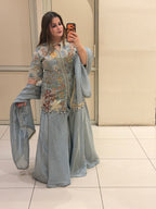 Pastel Blue Pure Fabric Handwork Partywear Dress