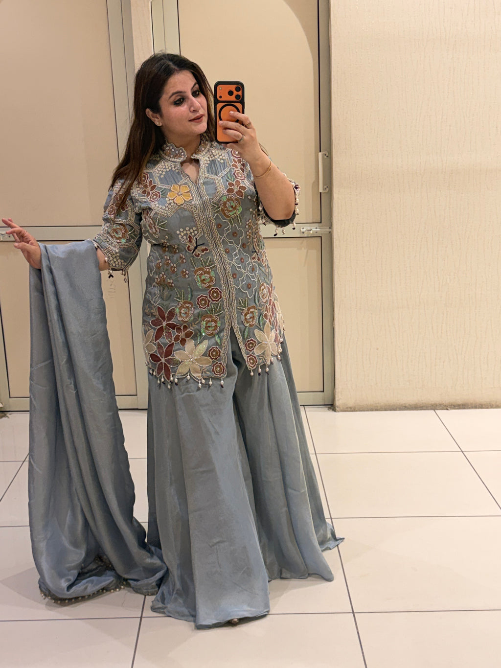 Pastel Blue Pure Fabric Handwork Partywear Dress
