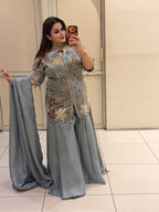 Pastel Blue Pure Fabric Handwork Partywear Dress
