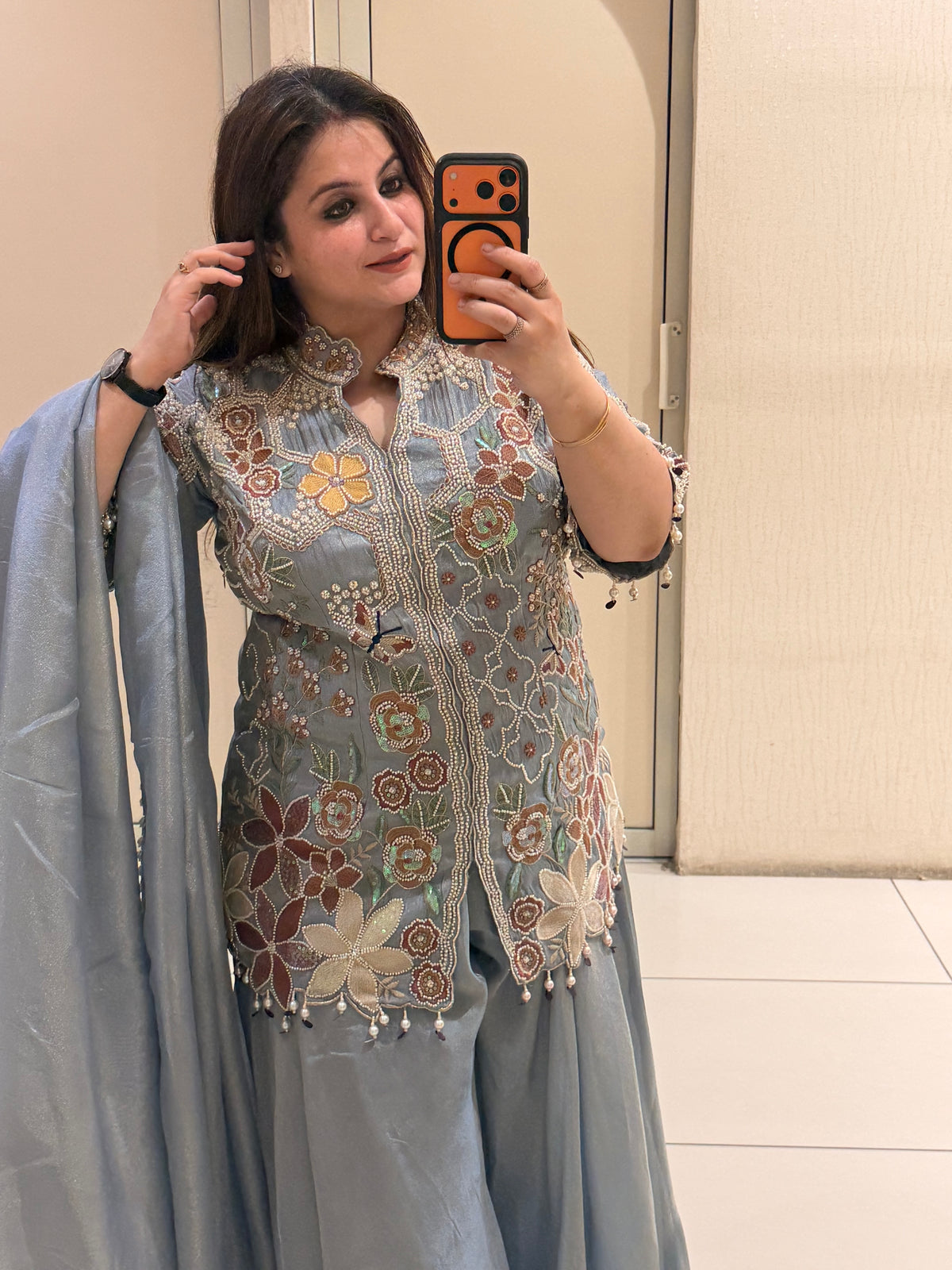 Pastel Blue Pure Fabric Handwork Partywear Dress