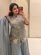 Pastel Blue Pure Fabric Handwork Partywear Dress