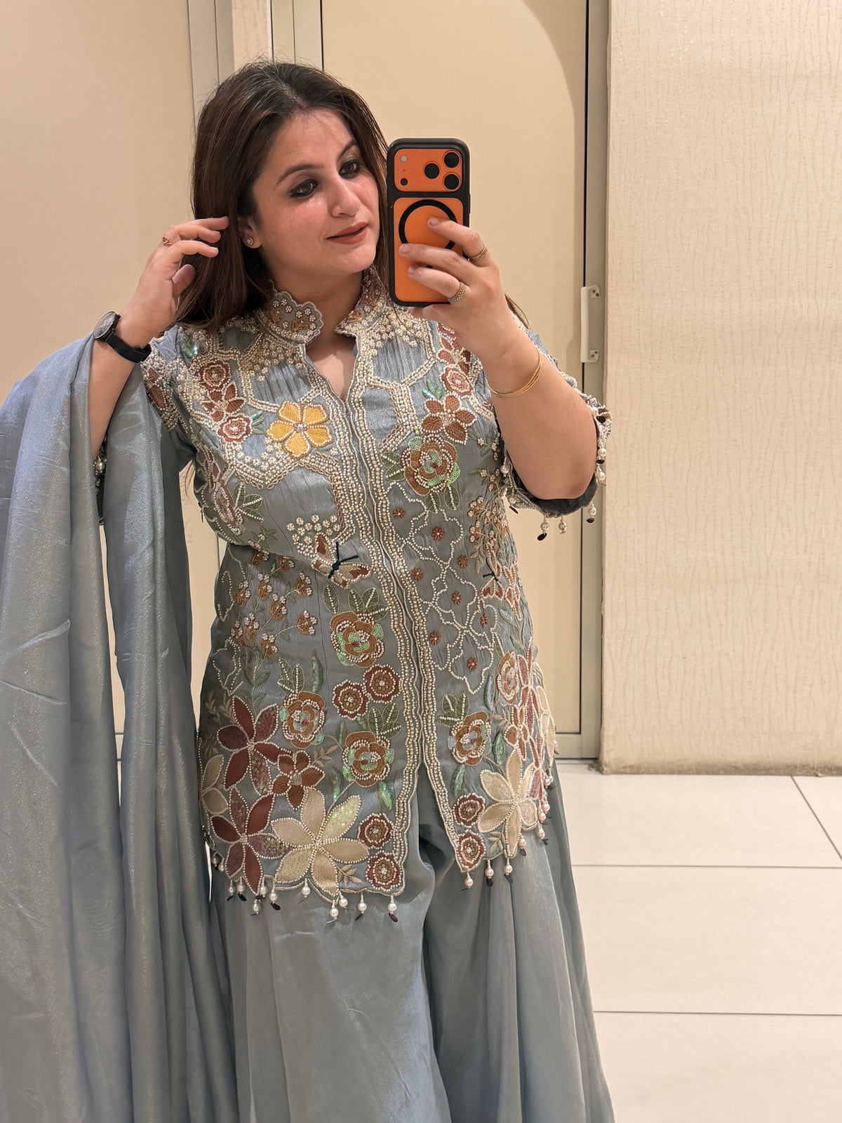 Pastel Blue Pure Fabric Handwork Partywear Dress