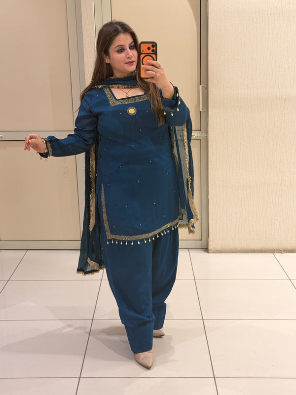 Teal Farsi Chinon Embroidered Suit (M–XXL)