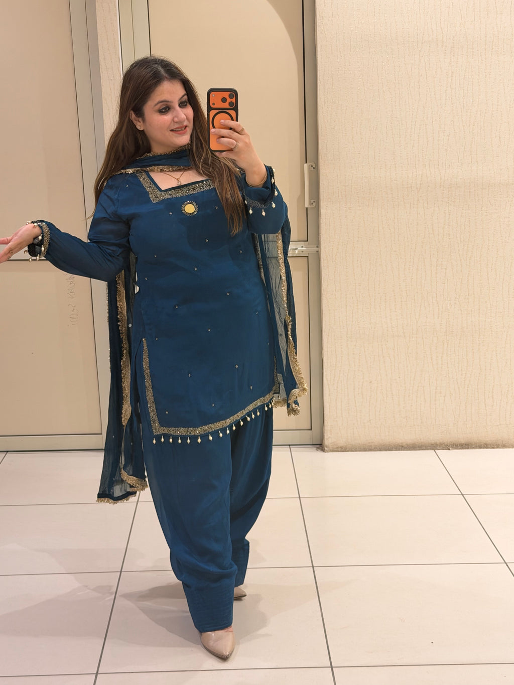 Teal Farsi Chinon Embroidered Suit (M–XXL)