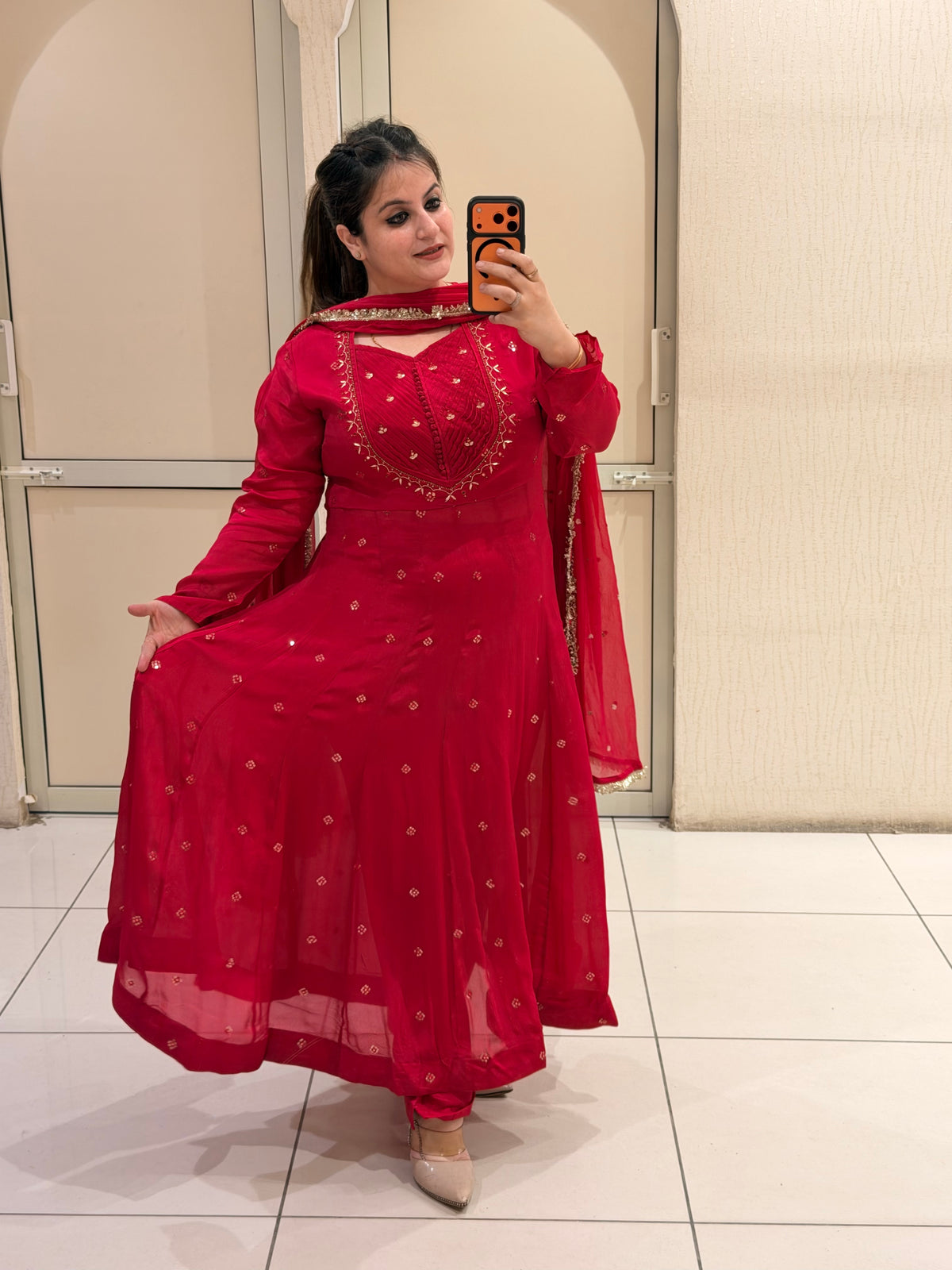 Red Chinon Embroidered Suit (M–XXL)