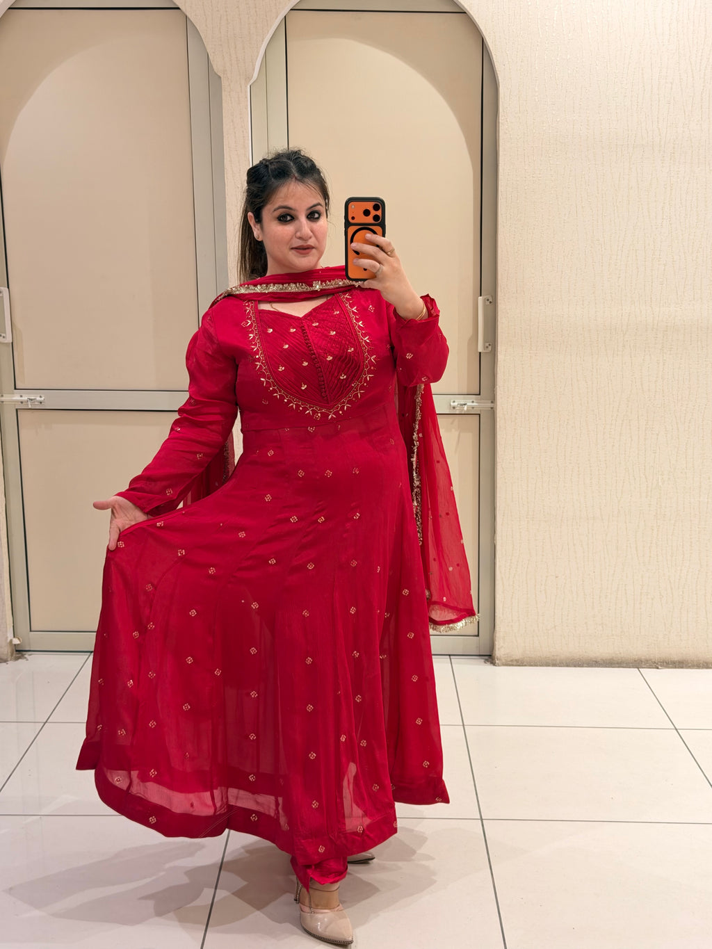Red Chinon Embroidered Suit (M–XXL)