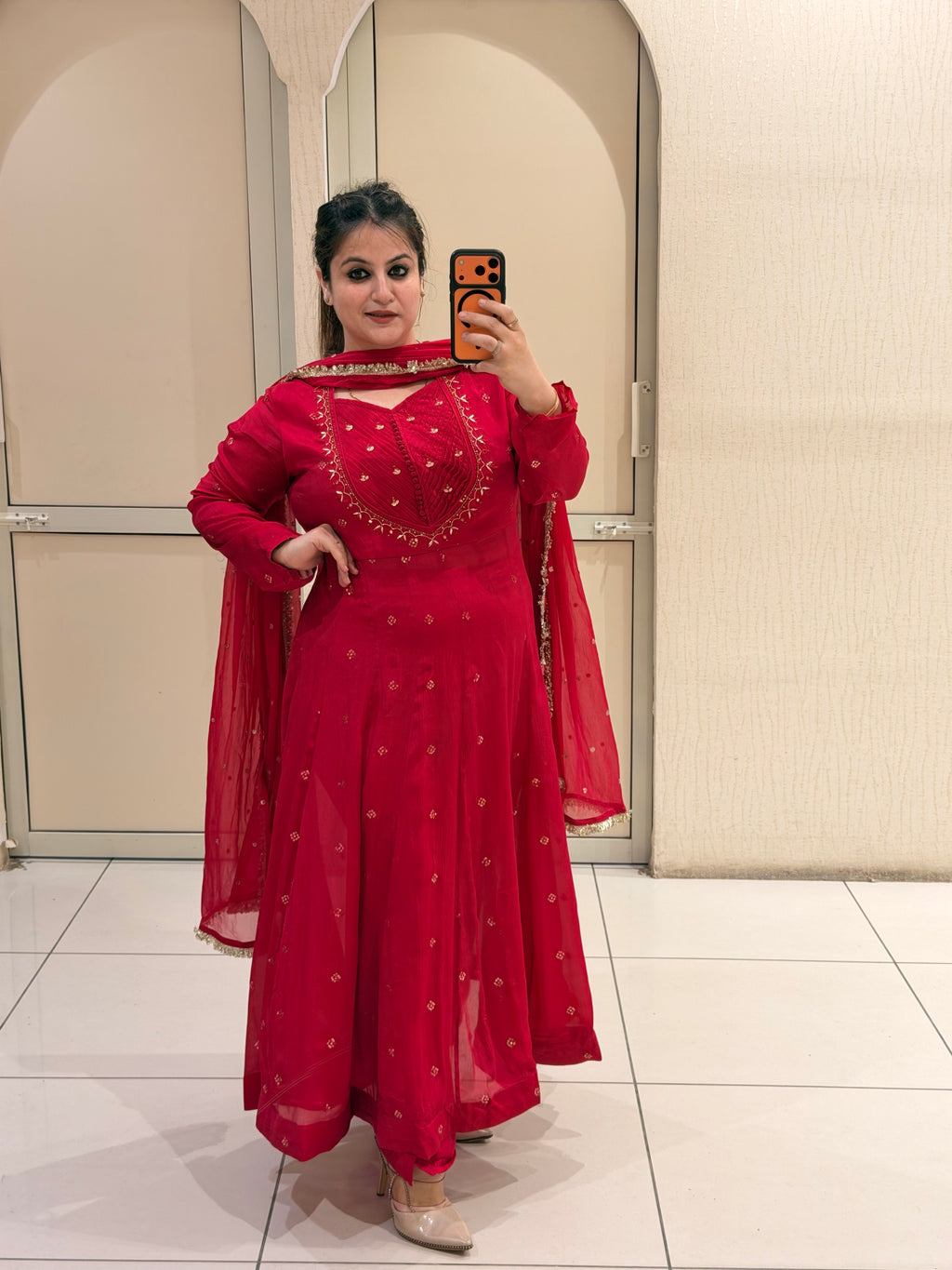 Red Chinon Embroidered Suit (M–XXL)