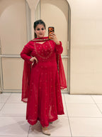 Red Chinon Embroidered Suit (M–XXL)