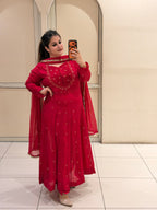 Red Chinon Embroidered Suit (M–XXL)