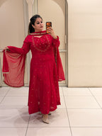 Red Chinon Embroidered Suit (M–XXL)