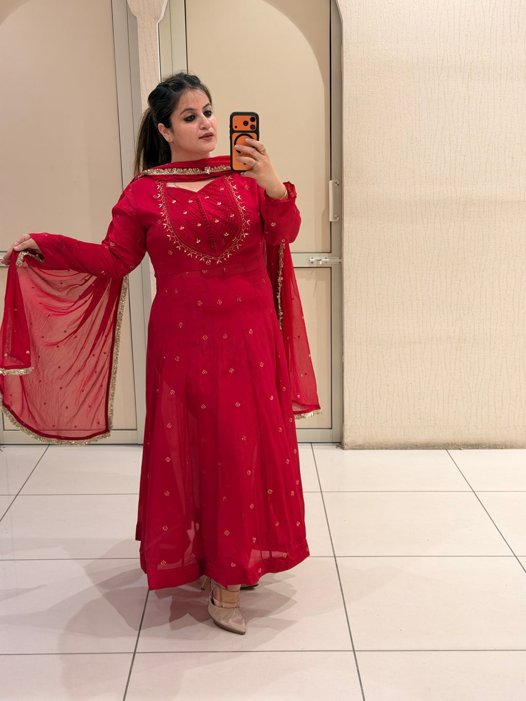 Red Chinon Embroidered Suit (M–XXL)