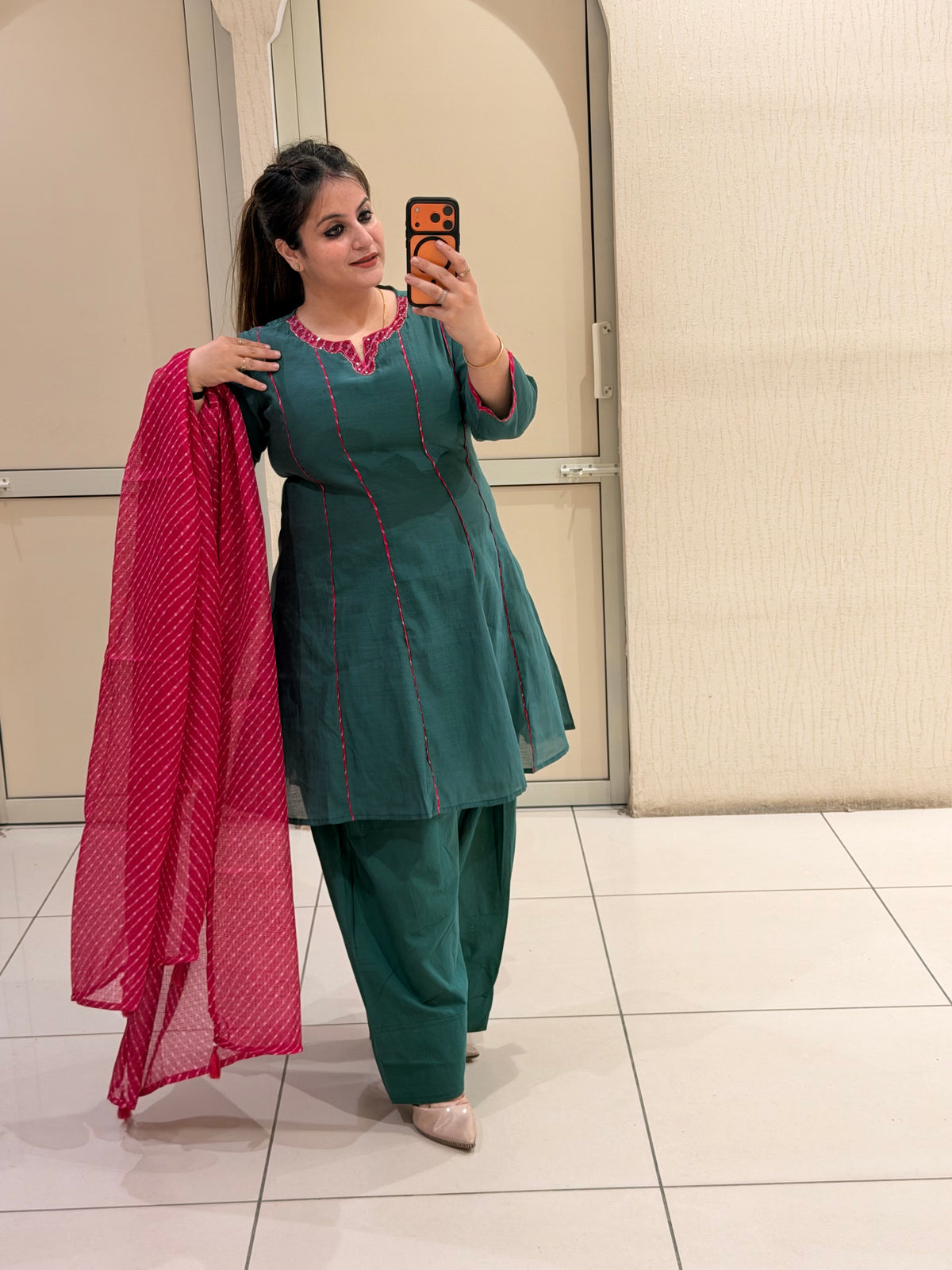 Teal Mul Chanderi Suit with Bandhani Dupatta (M–XXL)