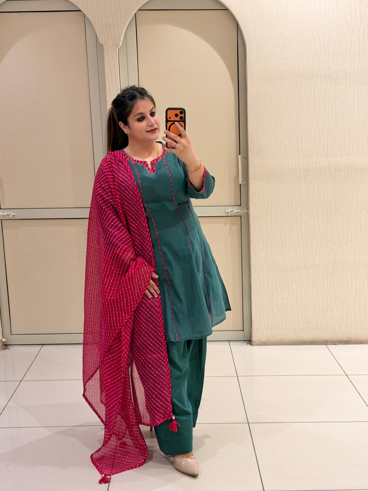 Teal Mul Chanderi Suit with Bandhani Dupatta (M–XXL)
