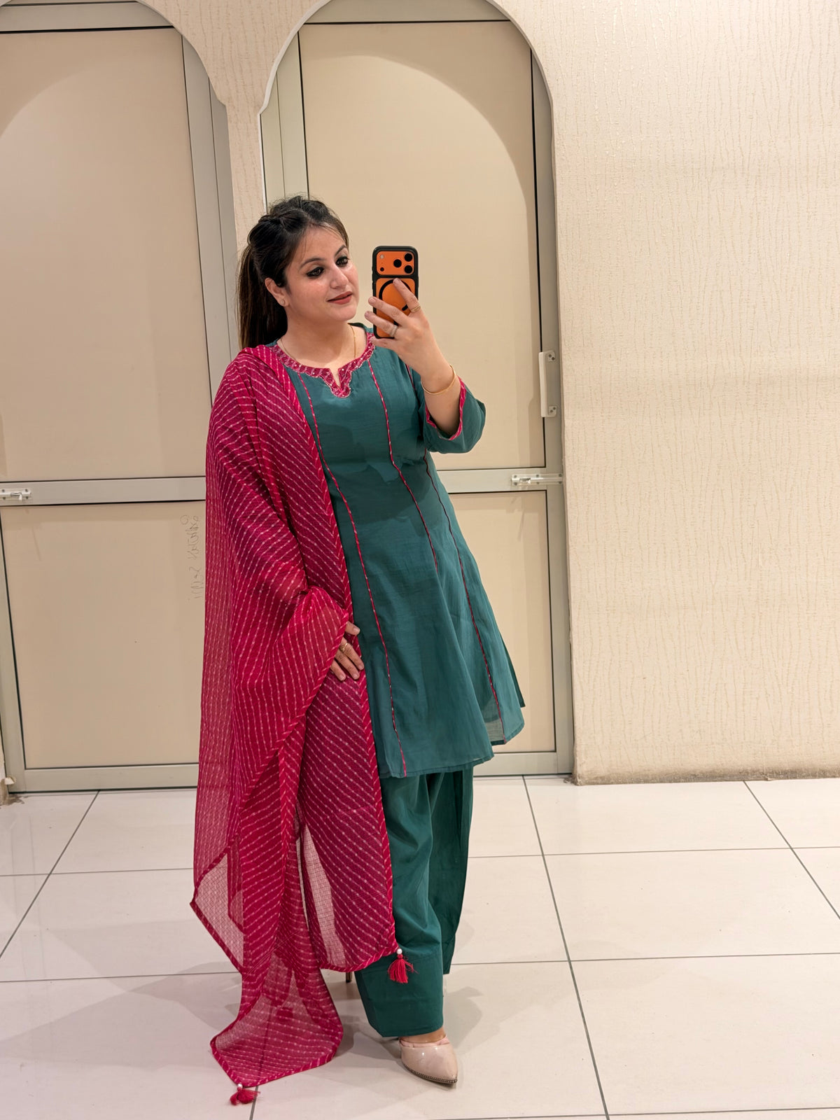 Teal Mul Chanderi Suit with Bandhani Dupatta (M–XXL)