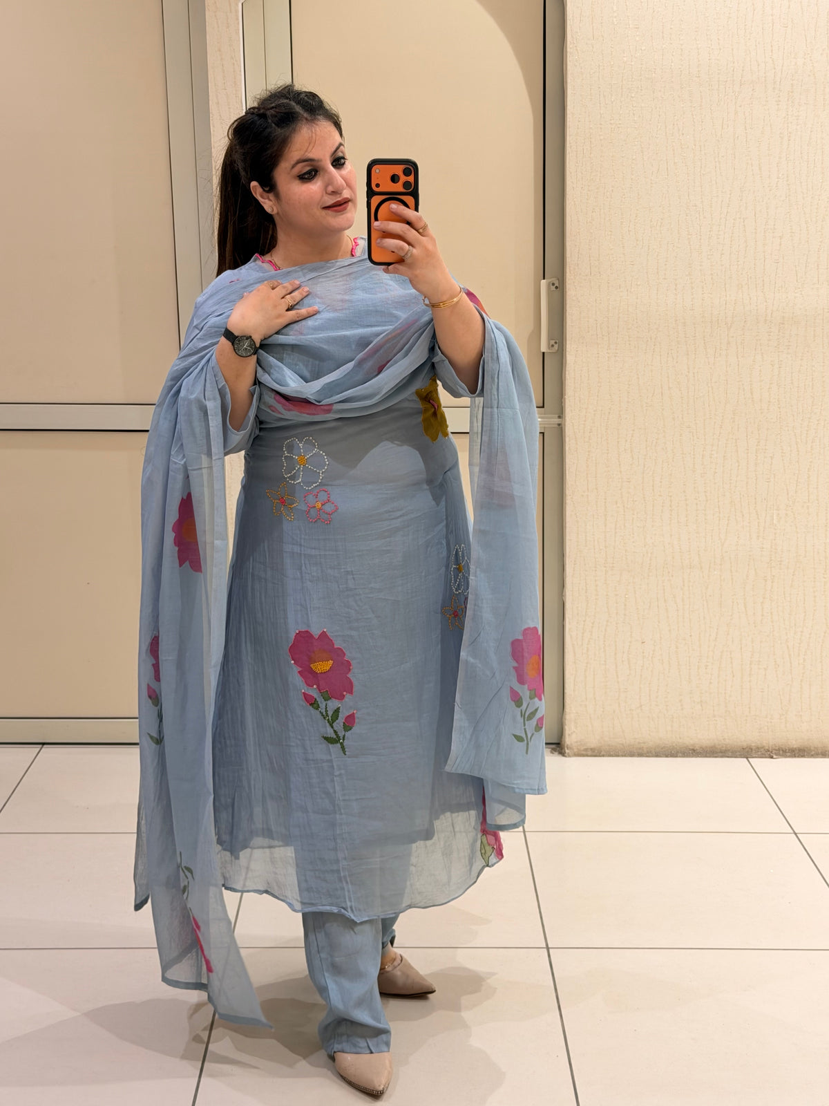 Sky Blue Pure Mul Floral Suit (M–XXL)