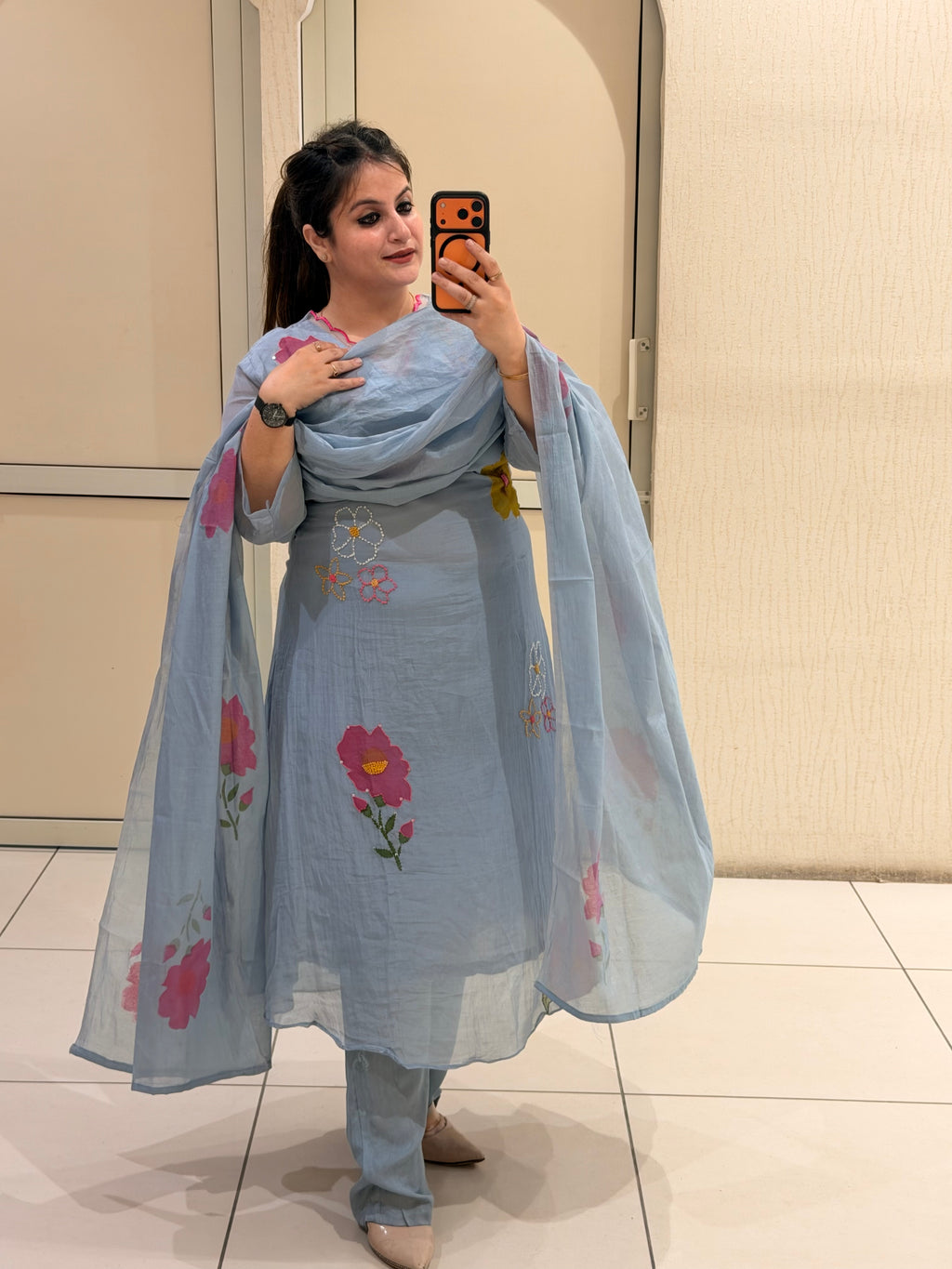 Sky Blue Pure Mul Floral Suit (M–XXL)