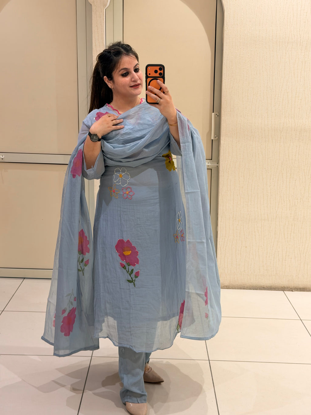 Sky Blue Pure Mul Floral Suit (M–XXL)