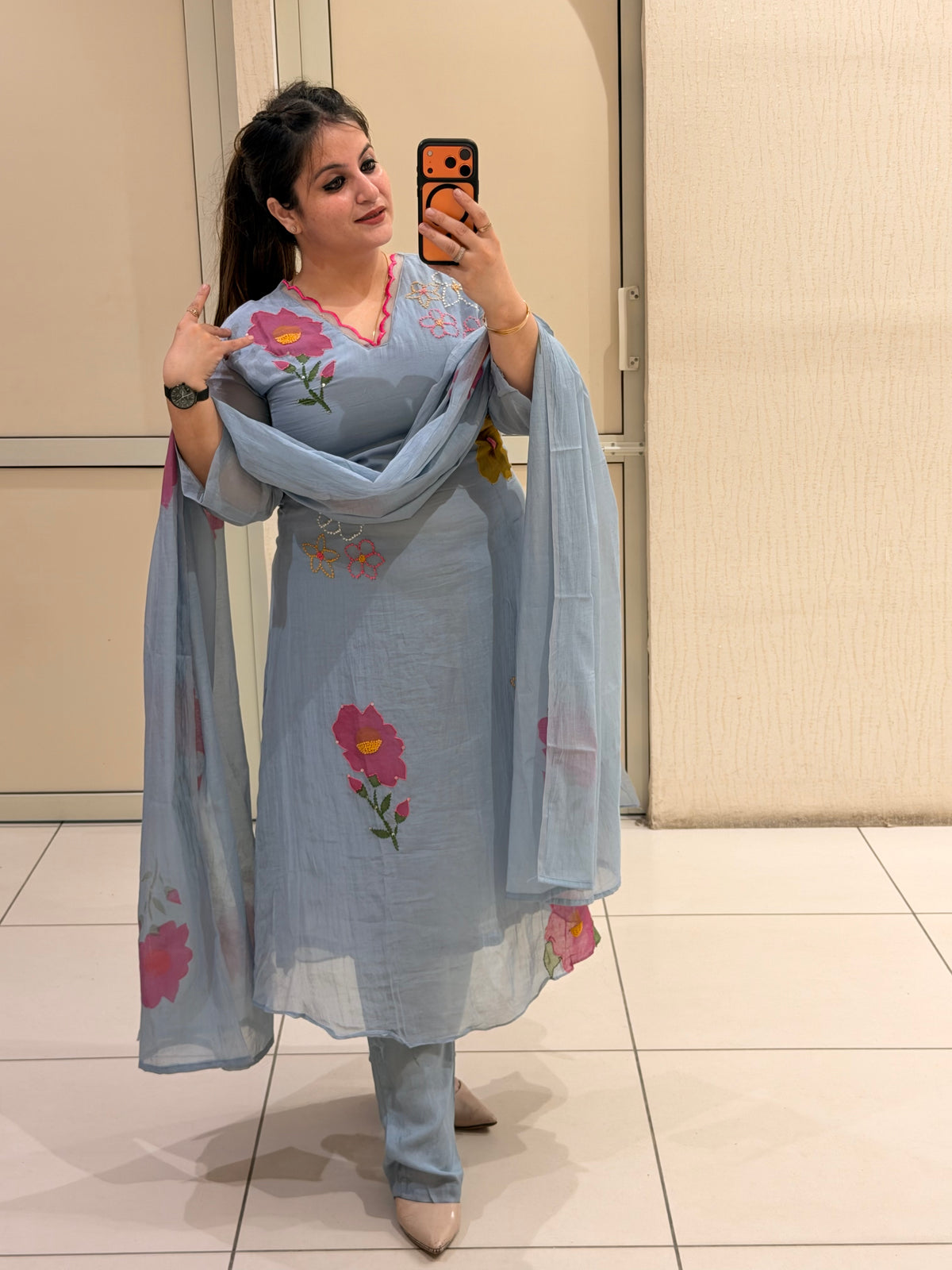 Sky Blue Pure Mul Floral Suit (M–XXL)