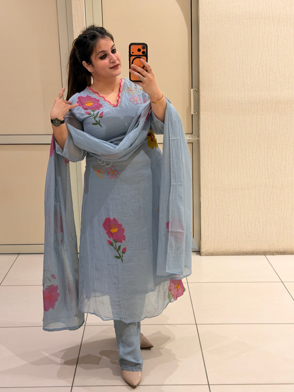 Sky Blue Pure Mul Floral Suit (M–XXL)