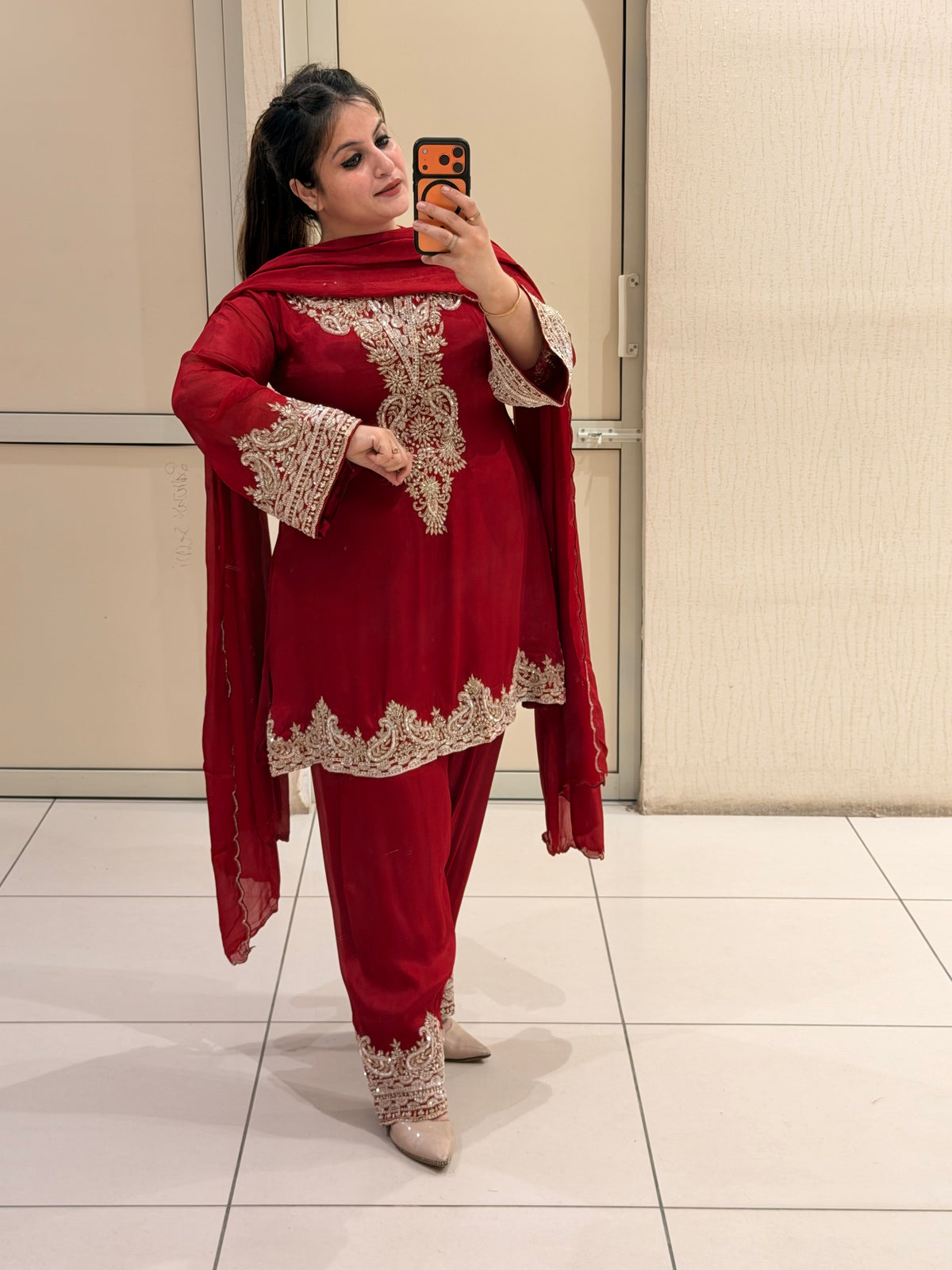 Luxe Red Pure Fabric Handwork Dress (Free Size till XXL)