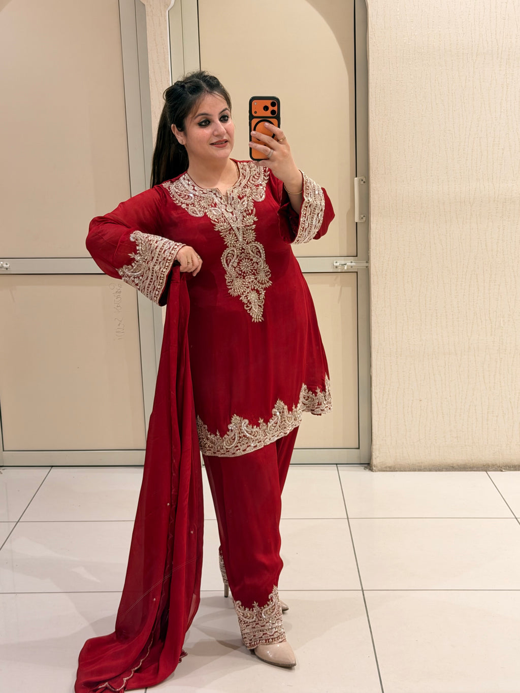 Luxe Red Pure Fabric Handwork Dress (Free Size till XXL)