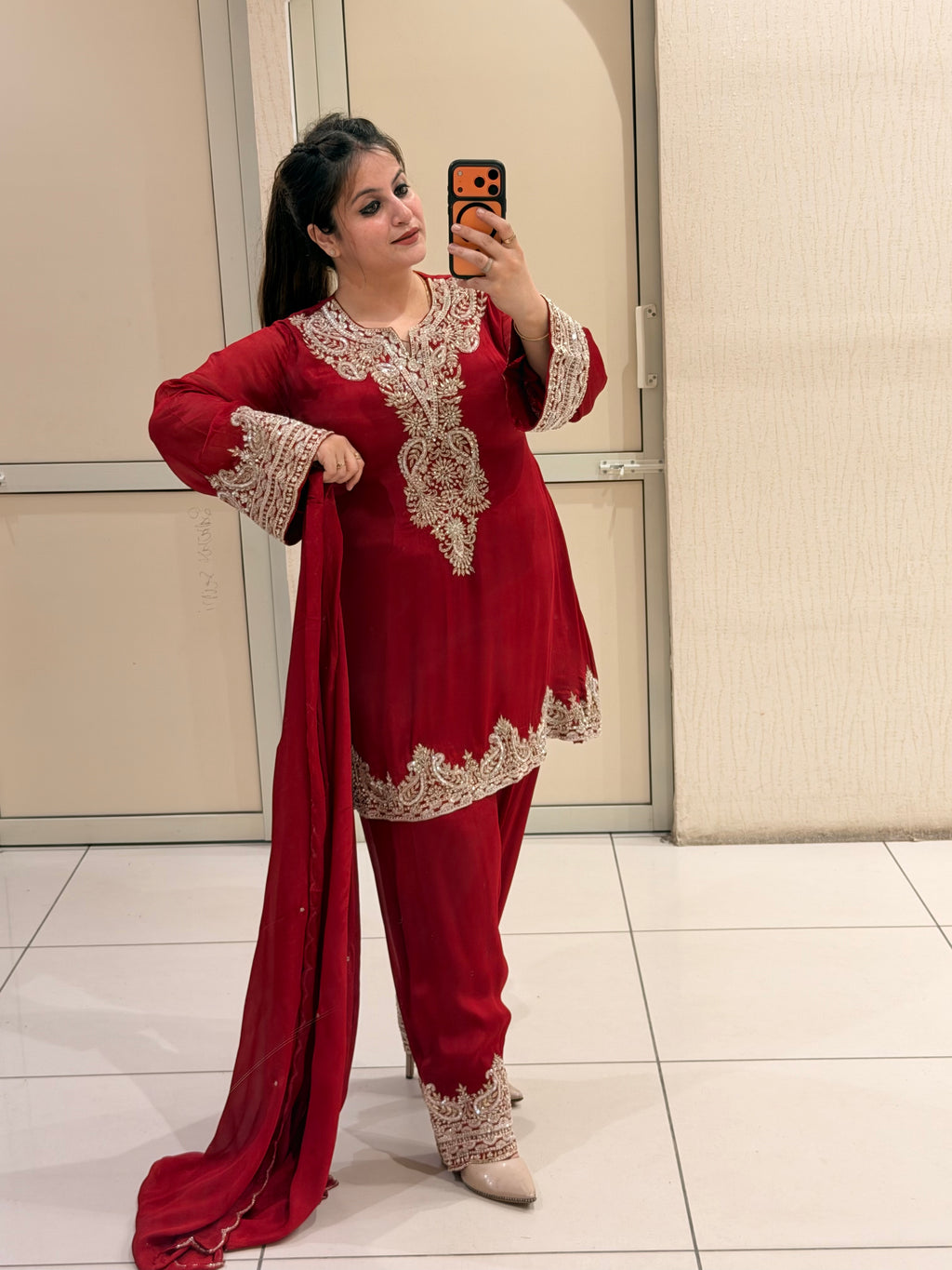 Luxe Red Pure Fabric Handwork Dress (Free Size till XXL)