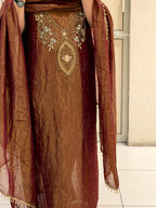 Premium Brown-Gold Unstitched Handwork Partywear Suit
