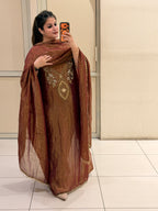 Premium Brown-Gold Unstitched Handwork Partywear Suit
