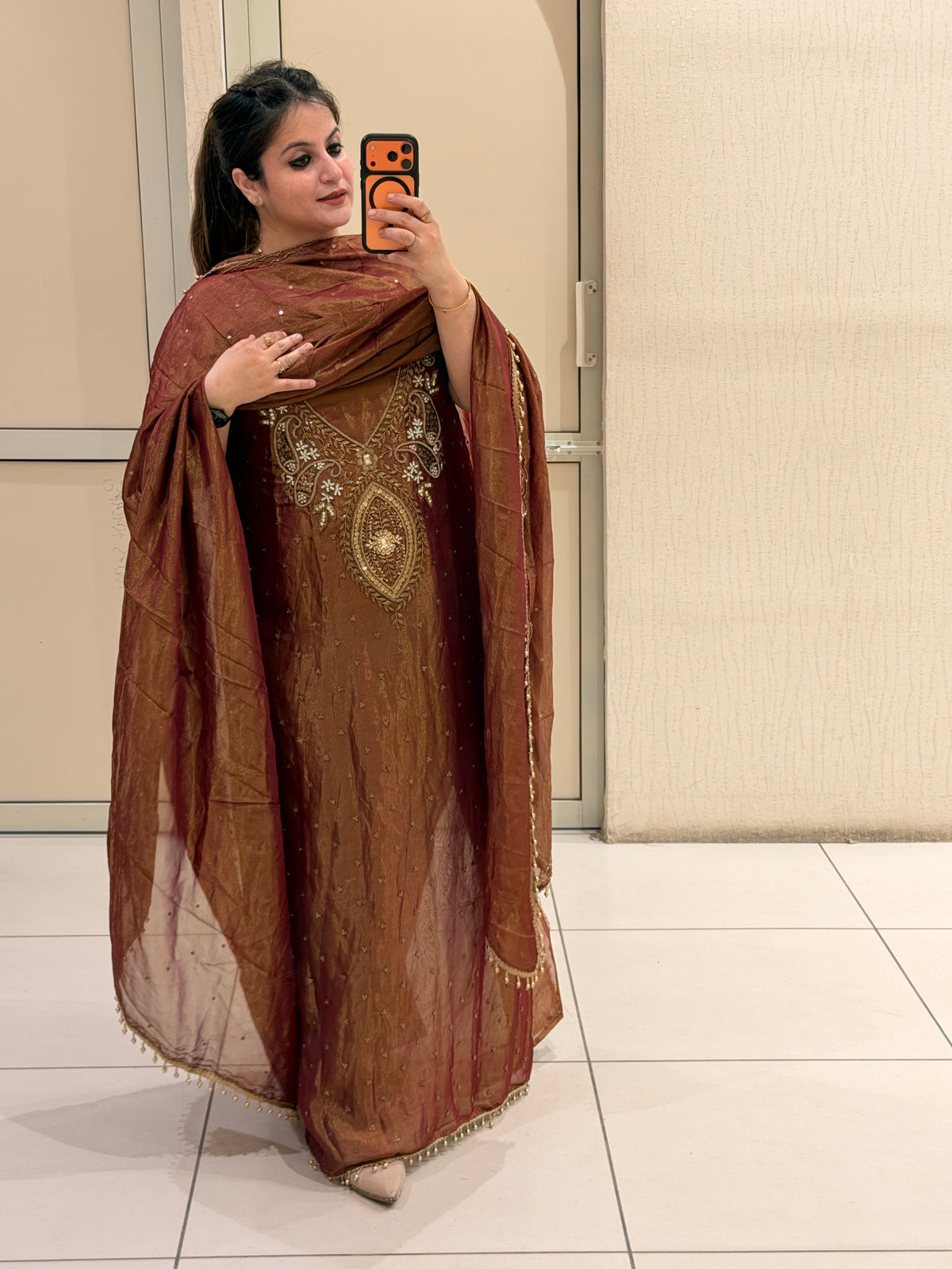 Premium Brown-Gold Unstitched Handwork Partywear Suit