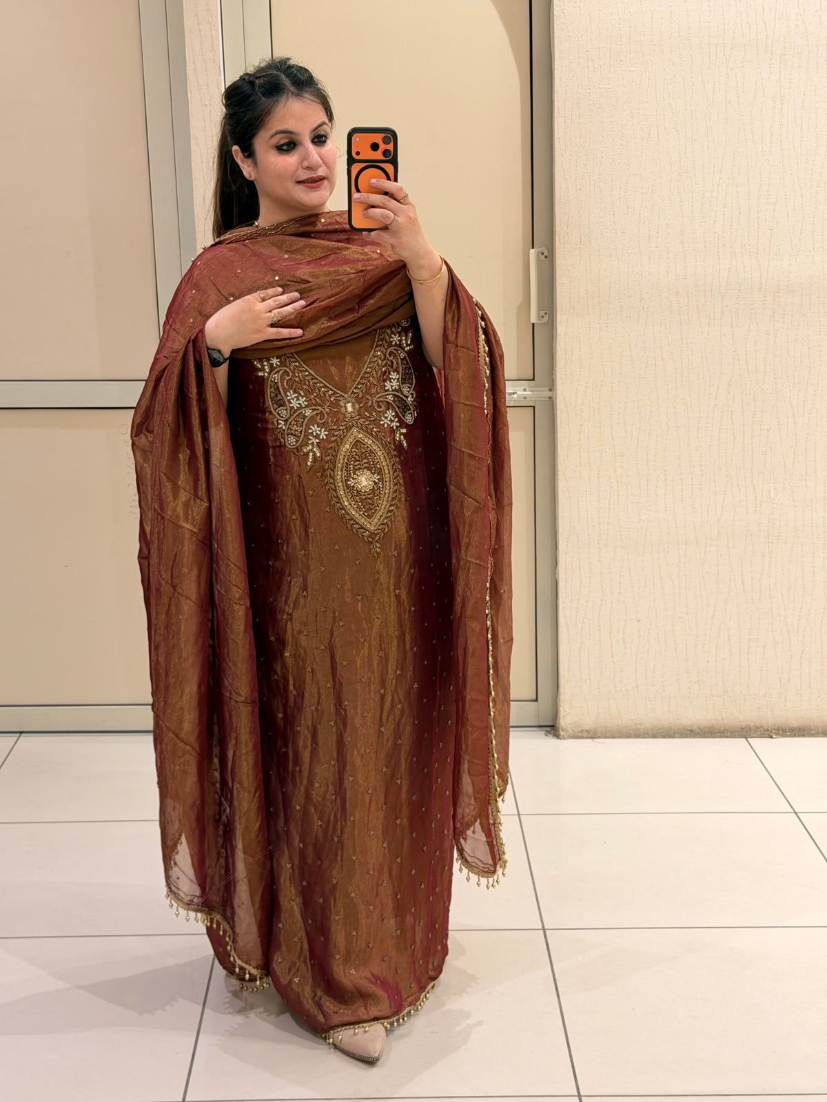 Premium Brown-Gold Unstitched Handwork Partywear Suit