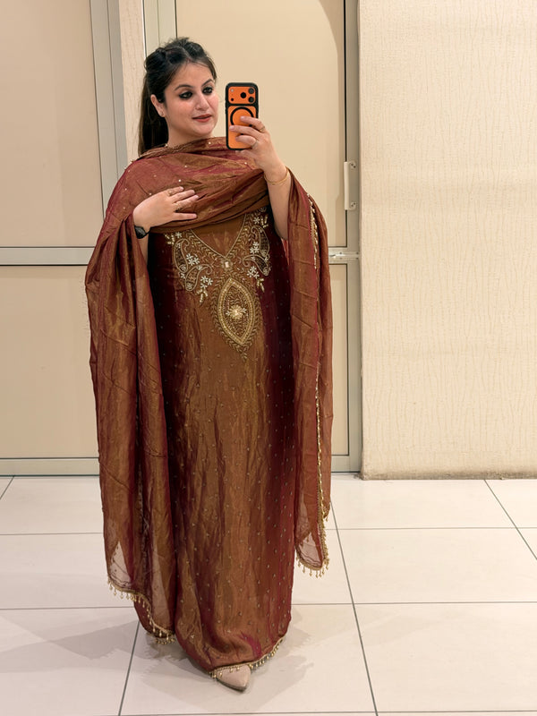 Premium Brown-Gold Unstitched Handwork Partywear Suit
