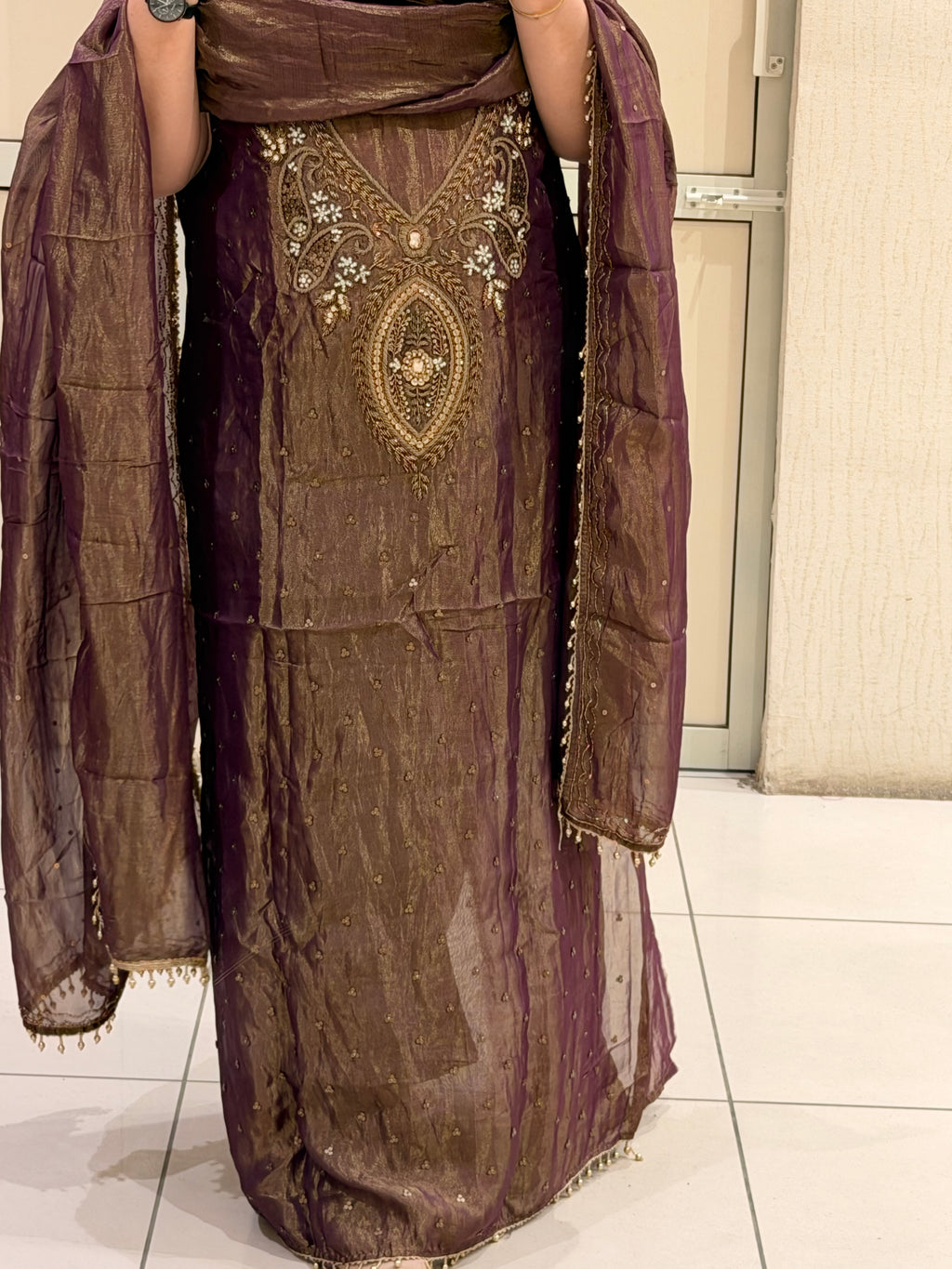 Premium Maroon Unstitched Handwork Partywear Suit