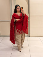 Red Embroidered Crepe Suit Set with Dupatta