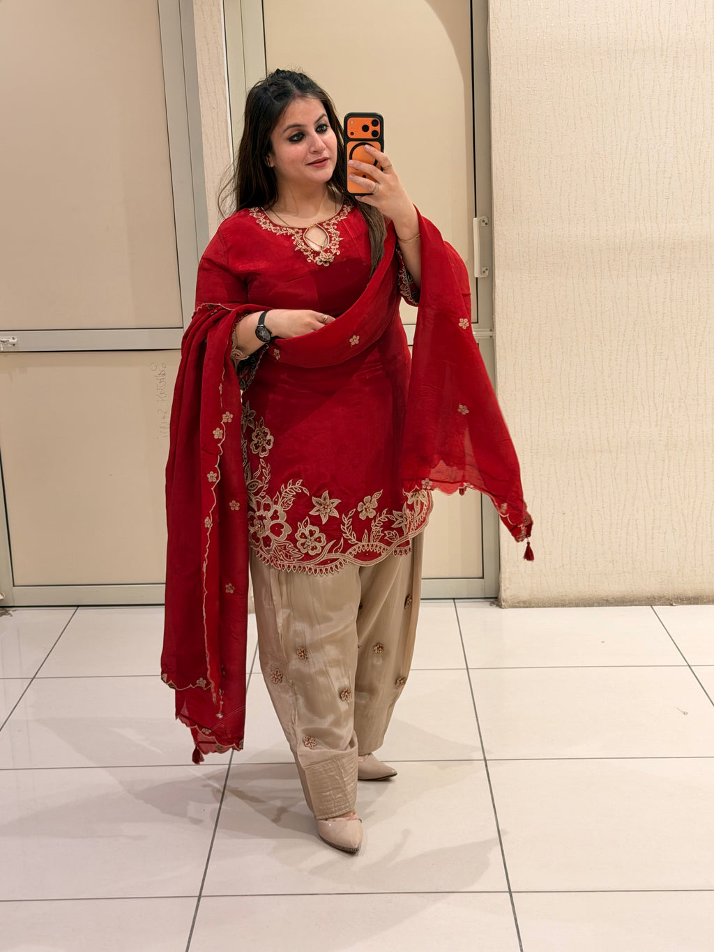 Red Embroidered Crepe Suit Set with Dupatta