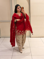 Red Embroidered Crepe Suit Set with Dupatta