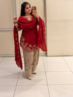 Red Embroidered Crepe Suit Set with Dupatta