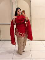 Red Embroidered Crepe Suit Set with Dupatta